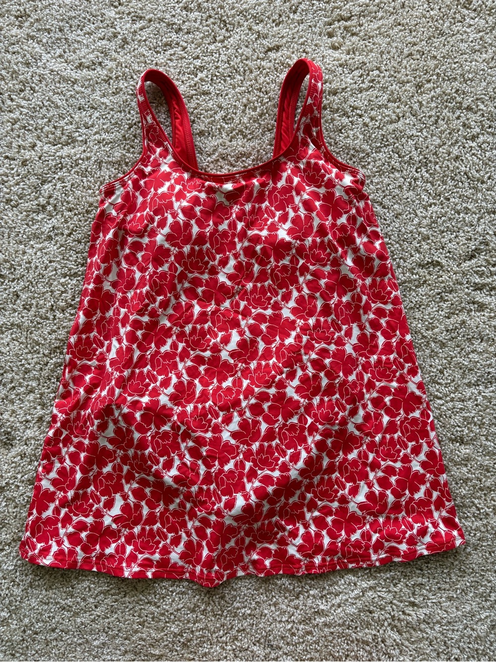 Lands End Scoop Neck Mini Swim Dress Swimsuit Womens S 6-8 Red Floral 541838